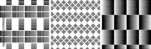 Seamless set geometric pattern black and white halftone lines, square lines and halftone spike