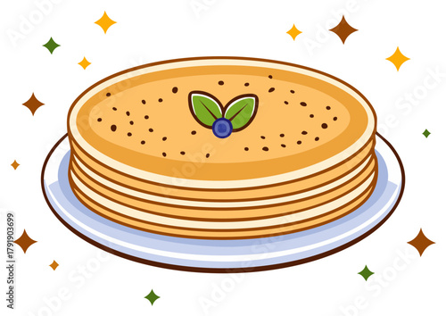 Sweet pancake stack illustration with blueberry and leaves on plate sparkling effect