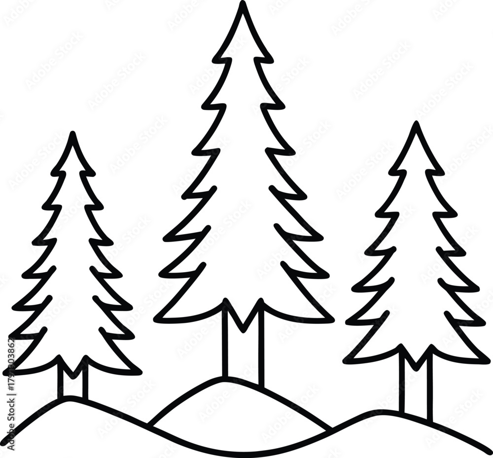 Obraz premium Minimalist line art of three pine trees on snowy hills