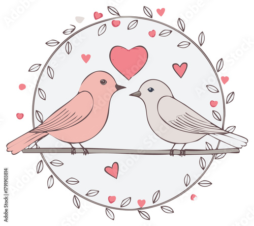 A pair of cute cartoon birds in love on a branch inside a romantic circular frame with hearts