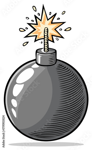 Classic round cartoon bomb with a lit sparking fuse ready to explode.