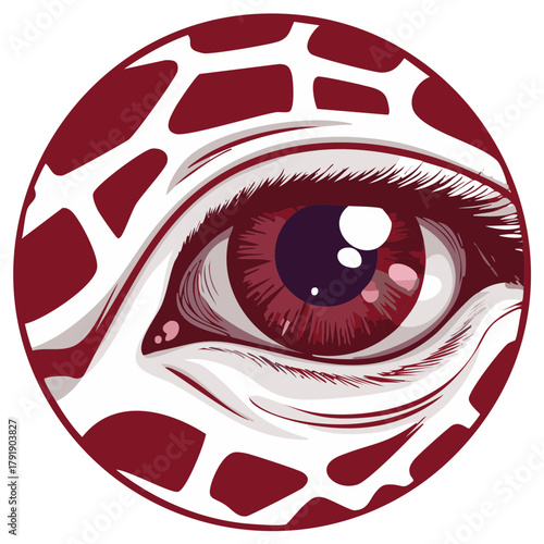 Powerful giraffe eye illustration with textured skin and red patterned background