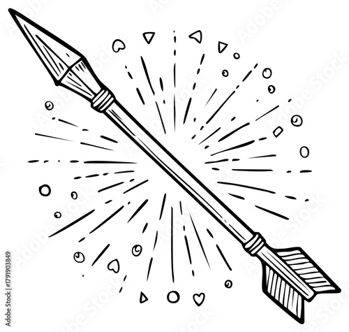 Hand-drawn arrow with decorative elements and light rays, simple tattoo flash art design for print, logo and decoration