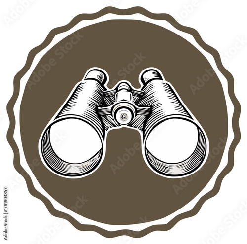 Binoculars illustration in brown circle emblem with scalloped white border
