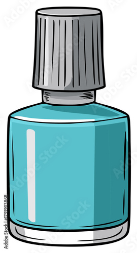 Cartoon illustration of a turquoise nail polish bottle with a silver lid.