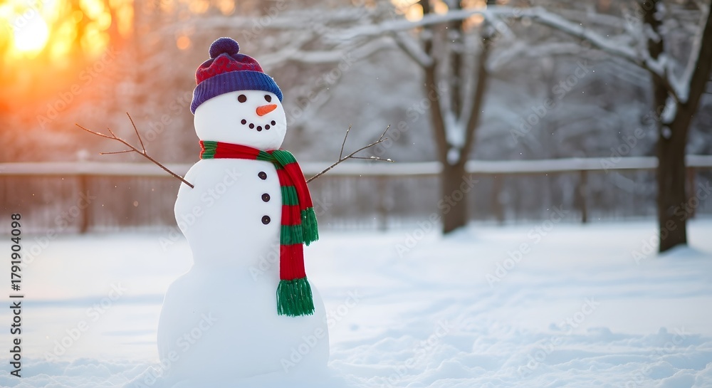 Fototapeta premium Joyful snowman wearing a colorful hat and scarf in a winter landscape