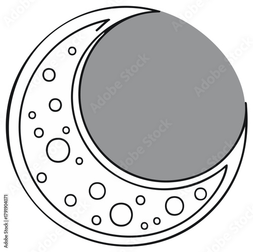 Minimalist line art graphic of a stylized crescent moon showing textured craters and a grey circle