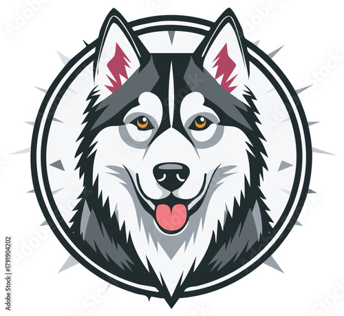 Smiling Siberian husky dog head vector mascot logo. Happy sled dog face emblem for a sports team or brand.