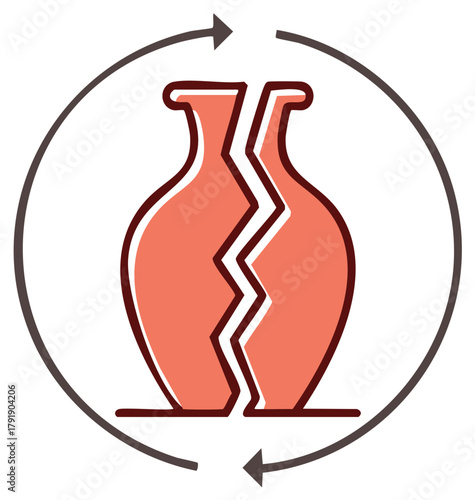 Circular arrow surrounding a cracked ceramic vase, symbolizing repair, recovery, or reconstruction.