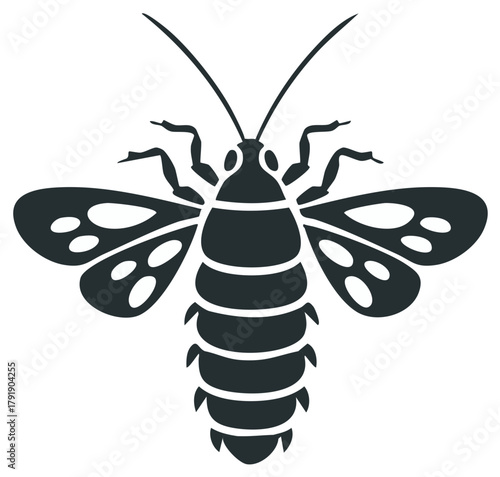 Stylized silhouette of a cochineal insect with wings, legs, and antennae, a drawing of an insect, vector graphics of an animal