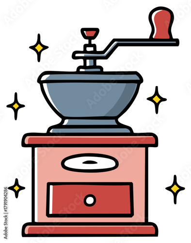Vintage coffee grinder with drawer and crank handle, surrounded by sparkles, retro hand operated device illustration
