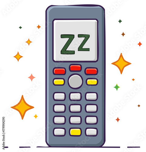 Cartoon remote control emitting ZZ letters on screen surrounded by sparkling stars, snooze
