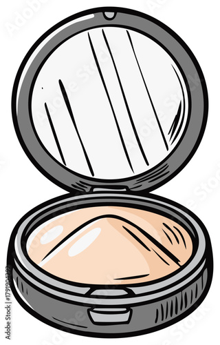 Cartoon illustration of an open makeup compact mirror with face powder