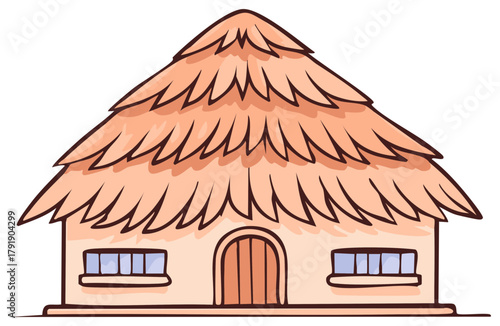 Charming Thatched Roof House Illustration, Tropical Hut Style Cartoon Dwelling with Brown Lines and Peach Tones