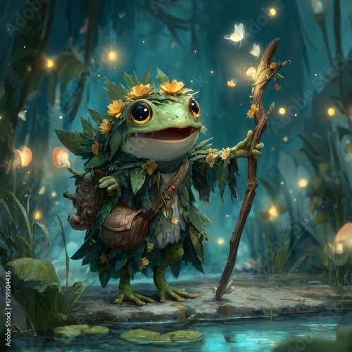 Whimsical Frog Guardian of the Enchanted Forest: Leaf-clad, flower-crowned amphibian, staff in hand, explores a magical, firefly-lit fantasy woodland near a tranquil pond.