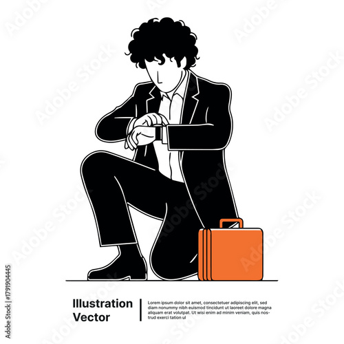 Business professional checking the time on his watch while holding a briefcase, illustration