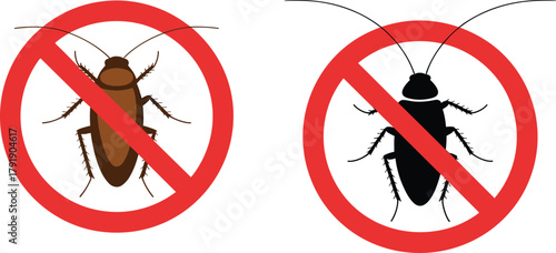 No cockroach sign, pest control icon, hygiene warning, extermination symbol, insect prevention, red prohibition, sanitation alert, cartoon bug illustration