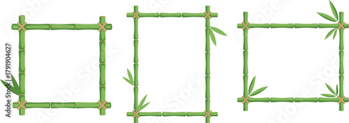 Green bamboo frames, rope binding, leaf accents, natural design, eco-friendly decoration, Asian style, square layout, tropical art, organic concept