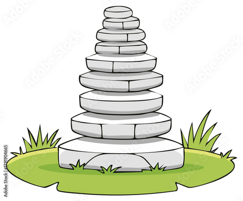 Cartoon illustration of stacked zen stones forming an equilibrium tower on green grass