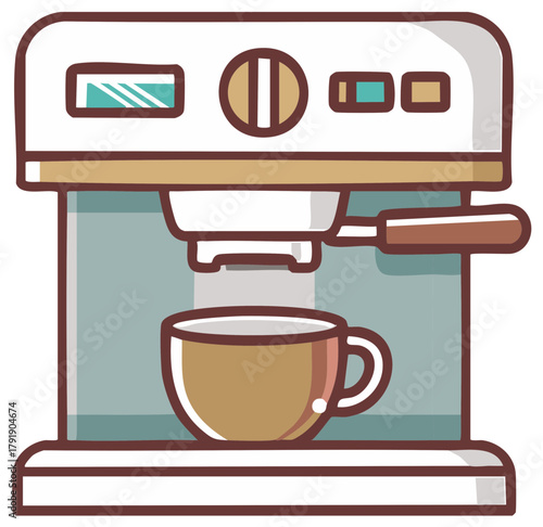Cute cartoon espresso machine illustration brewing hot coffee into a cup vector icon