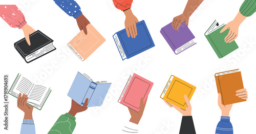 Diverse hands holding colorful books, inclusive reading concept, multicultural education, literacy awareness, global readers, unity in learning, book lovers