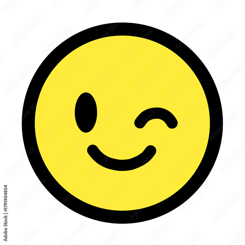 Fototapeta premium Cute wink smiley icon—flat vector style, yellow circle with thick black outline, simple geometric design, minimal clean modern look