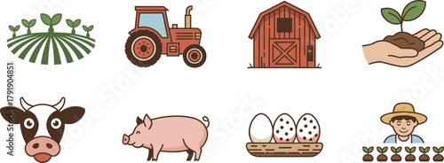 Farming and agriculture icons, crop cultivation, livestock, tractor, barn, farmer, planting, egg basket, soil care, flat vector illustration