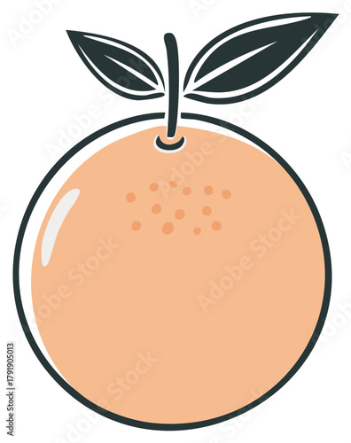 Stylized graphic illustration of a fresh peach with leaves and stem