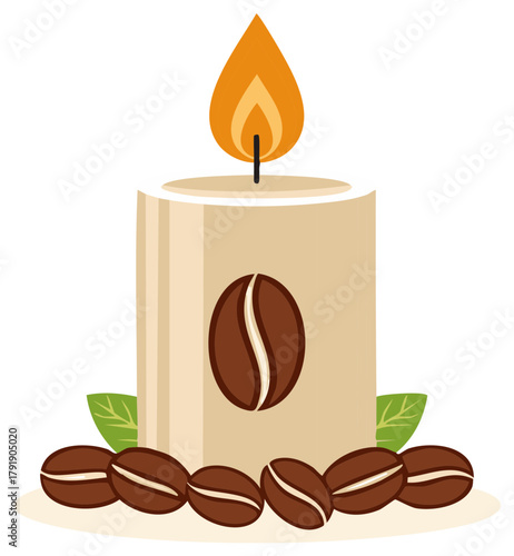 Burning coffee scented aromatherapy candle with roasted coffee beans and leaves vector illustration