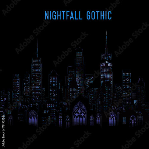 Nightfall Gothic Cityscape with Illuminated Buildings and Arched Windows.