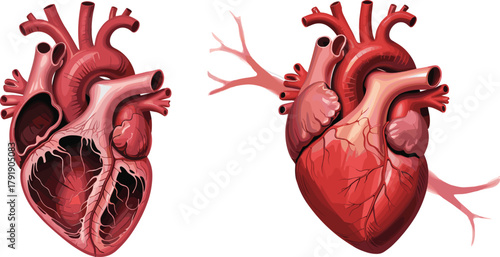 Human heart anatomy, internal and external view, medical illustration, circulatory system, biology education, detailed drawing, health science, organ structure