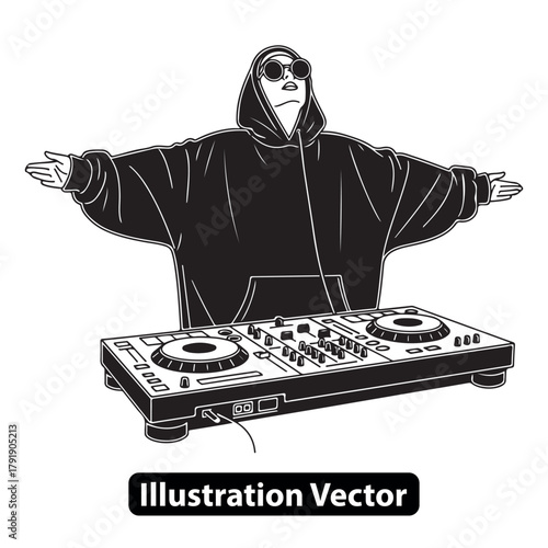 Cool DJ with Turntable Vector Illustration of a Musician Mixing Music