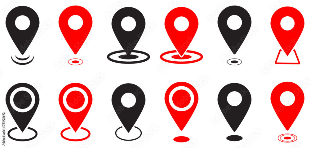 Fototapeta premium Location pin icon set. Map pointer. Collection of red and black location pin icons. Maps, navigation, GPS, tracking and direction interfaces. Vector illustration.