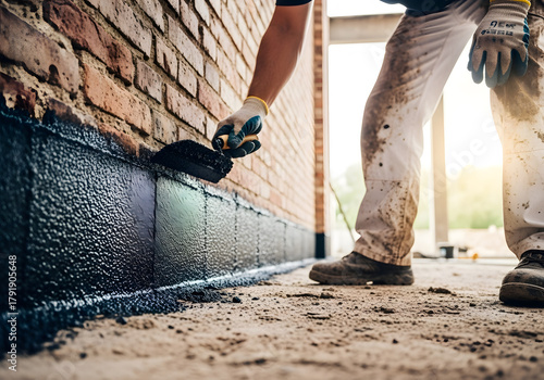 Worker applying bitumen mastic on foundation for damp proofing, waterproofing man waterproofing house foundation with bituminous mastic waterproofing foundation with bituminous mastic