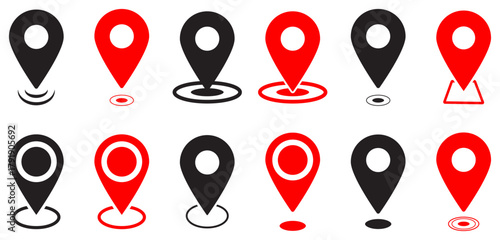 Location pin icon set. Map pointer. Collection of red and black location pin icons. Maps, navigation, GPS, tracking and direction interfaces. Vector illustration.