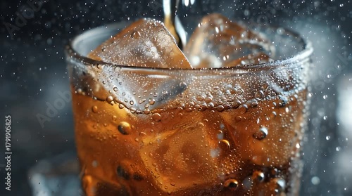 Iced Cola Glass Close-Up with Condensation Bubbles, Refreshing Cold Drink with Ice Cubes and Splashing Refreshment