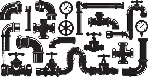 Plumbing system components: pipes, valves, gauges, and fittings