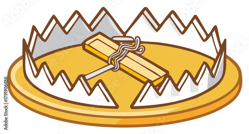 Illustration of a Simple Cartoon Bear Trap With Wood Trigger and Metallic Spring Wire