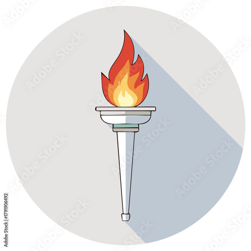 Stylized icon of a burning torch with a vibrant flame and long shadow in a modern flat design.