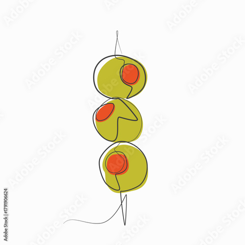 Olives On Wooden Cocktail Stick one line drawing. Olives On Wooden Cocktail Stick single line illustration. Olives On Wooden Cocktail Stick minimalist line art