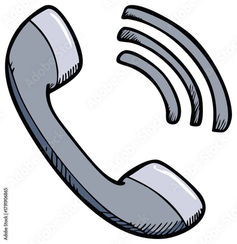 Hand drawn grey telephone receiver with sound waves indicating a ringing call