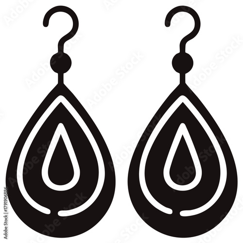 Simple black and white vector icon of a pair of teardrop dangle earrings for women