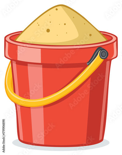 Bright Red Plastic Bucket Filled With Sand Ready for Beach Play