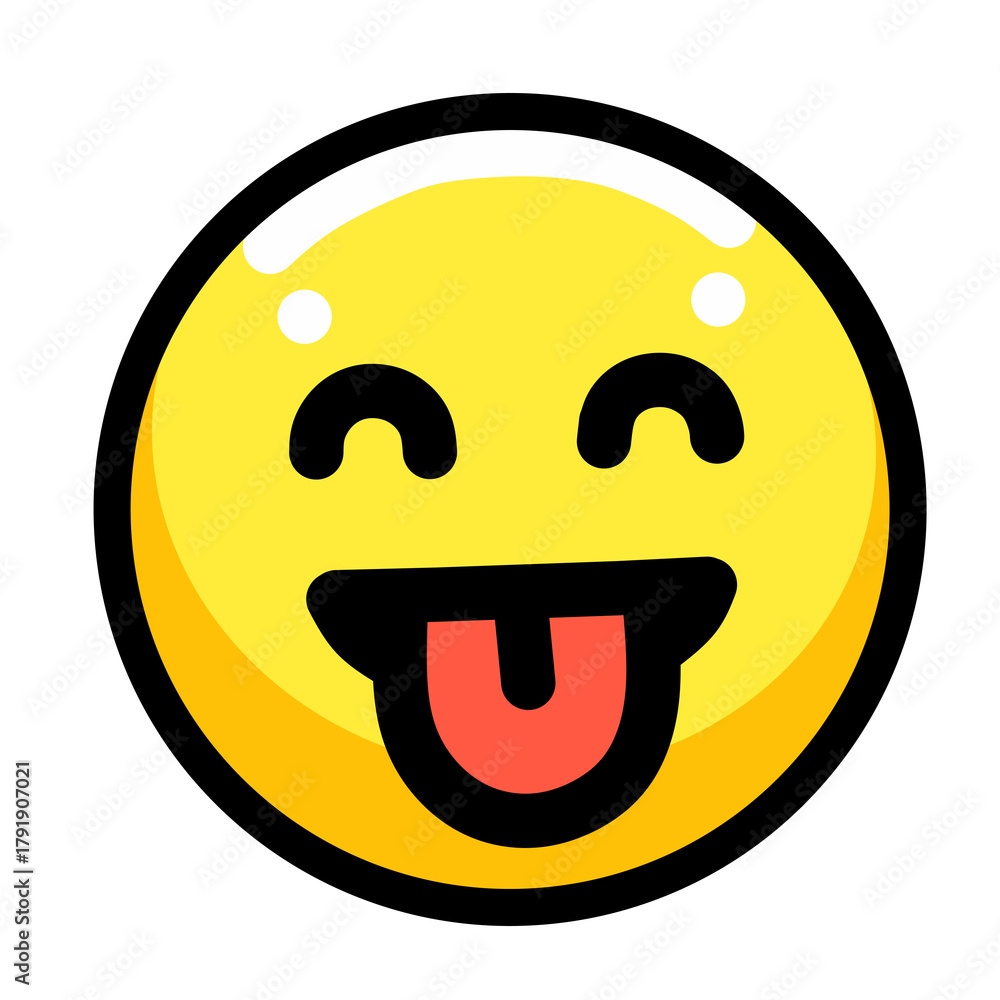 Fototapeta premium Flat vector smiley face sticking out tongue—circular yellow icon, thick black border, clean geometric minimal style, transparent background