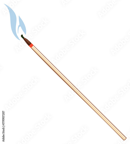 Ignited match stick with blue flame and red stripe, wood material, concept for safety and creation