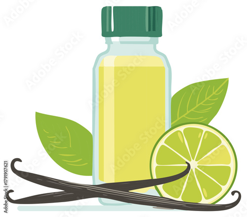Natural essential oil bottle with fresh lime slices and aromatic vanilla beans illustration