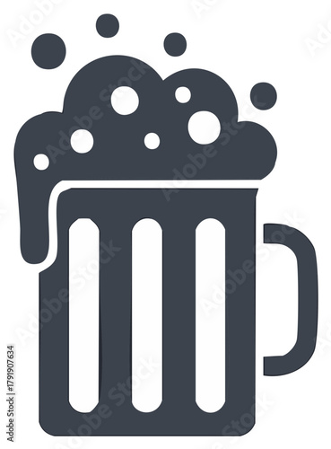Simple flat icon of a foamy beer mug or stein with overflowing bubbles