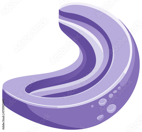 Isolated abstract 3D crescent shape object with a hollow center and droplets in light and dark violet tones