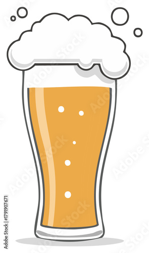 Cartoon glass of golden lager beer with a frothy white head and fizzing bubbles