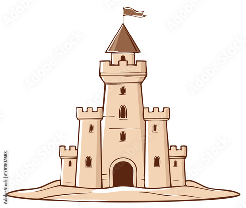 Whimsical sandcastle illustration featuring a flag and multiple towers crafted from sand for summer beach play